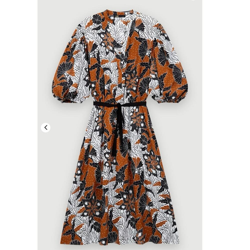 MAJE Printed Cotton Voile Midi Dress Brown Black Size US Large/ FR - Picture 3 of 11
